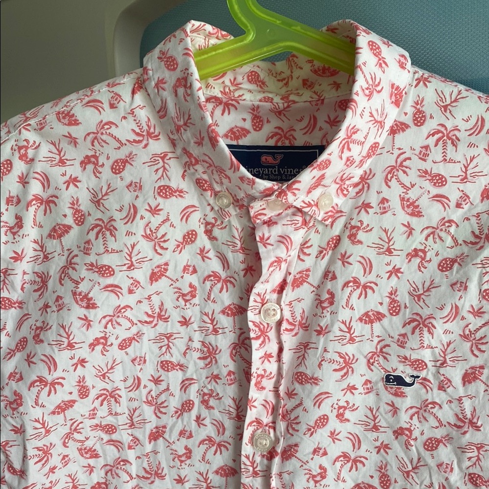 Vineyard Vines Boy’s Dark Pink Tropical Print Shirt, Size M